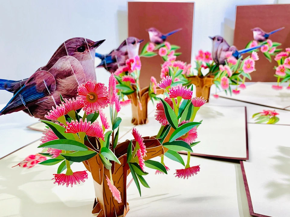 Origami Pop Cards Blue Wren Bird 3D Pop Up Greeting Card Love Happy Mother's Day - Image 3 of 4