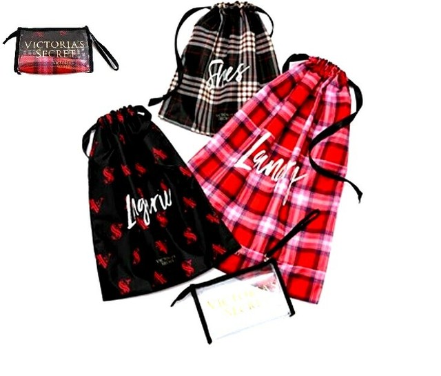 VICTORIA'S SECRET 4 PIECE Bag Set PLAID LAUNDRY,LINGERIE,SHOE Clear