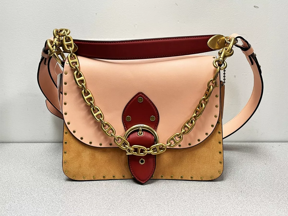 Coach Colorblock Mixed Leather Beat Shoulder Bag with Rivets - Brown