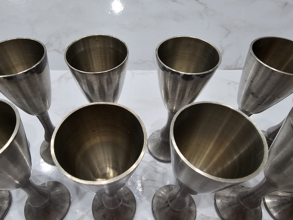 Vintage 12 Pewter Shot Glass Cup Set. Crown Logo Unknown Designer 1