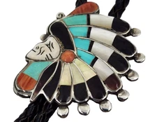 Important Zuni Museum Quality Rare Ralph Quam Chief's Head Bolo Channel Inlay