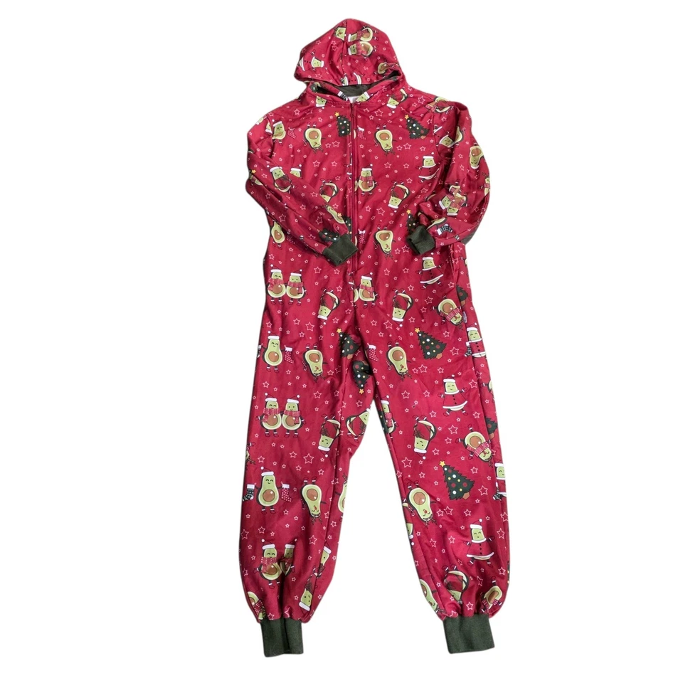 Funziez Navidad Aguacate Pijama Una Pieza Mono Con Capucha Rojo Mediano LEER Foto 2 de 4