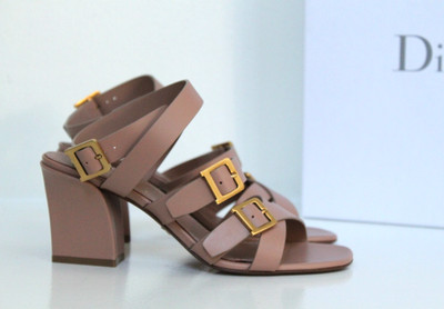 sz 7 / 37.5 Christian Dior Beige Leather Double D logo Buckle Heel Sandal Shoes