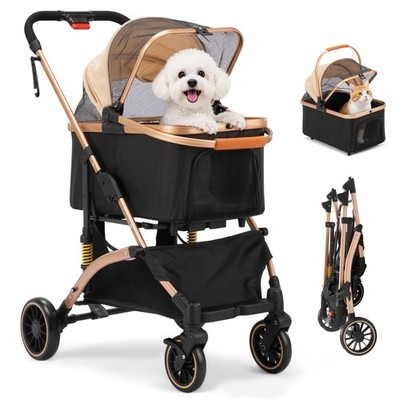 3-in-1 Foldable 4-Wheel Pet Stroller for Dogs, with Storage Basket