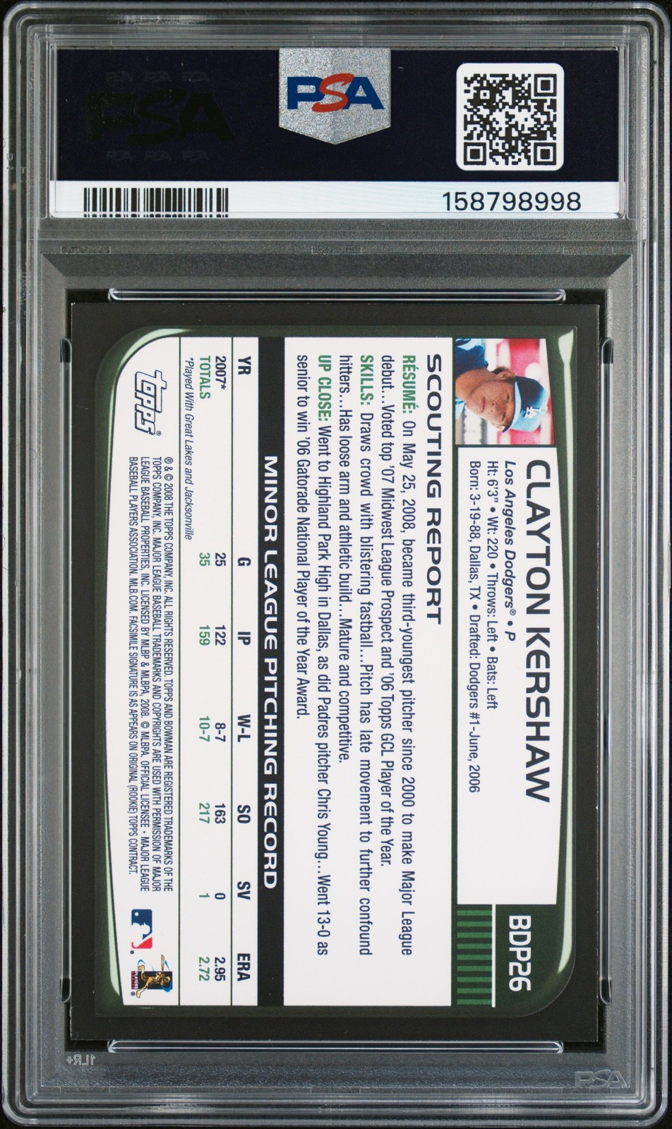 2008 BOWMAN DRAFT #BDP26 CLAYTON KERSHAW ROOKIE RC PSA 8 view 2