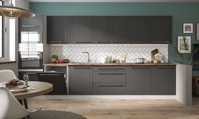 Küchenzeile KVANTUM mit Arbeitsplatte 380cm grau Fronten MDF graphit matt REJS V
