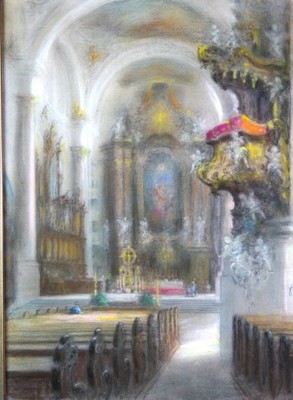 FRANZ HUTH feines Pastell  1958 Kircheninterieur  Benediktinerabtei Ottobeuren