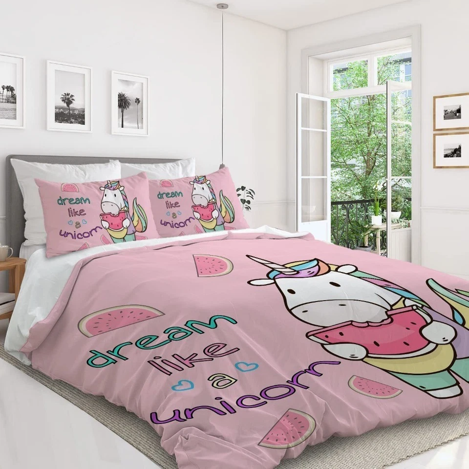 Juego de funda nórdica de sandía unicornio rosa 3 piezas suave para edredón ropa de cama reina Foto 3 de 4