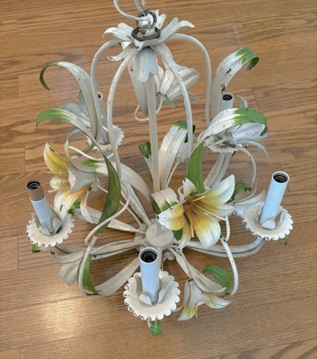 Vintage 60s Chandelier Painted Italian Flower Lily Hollywood