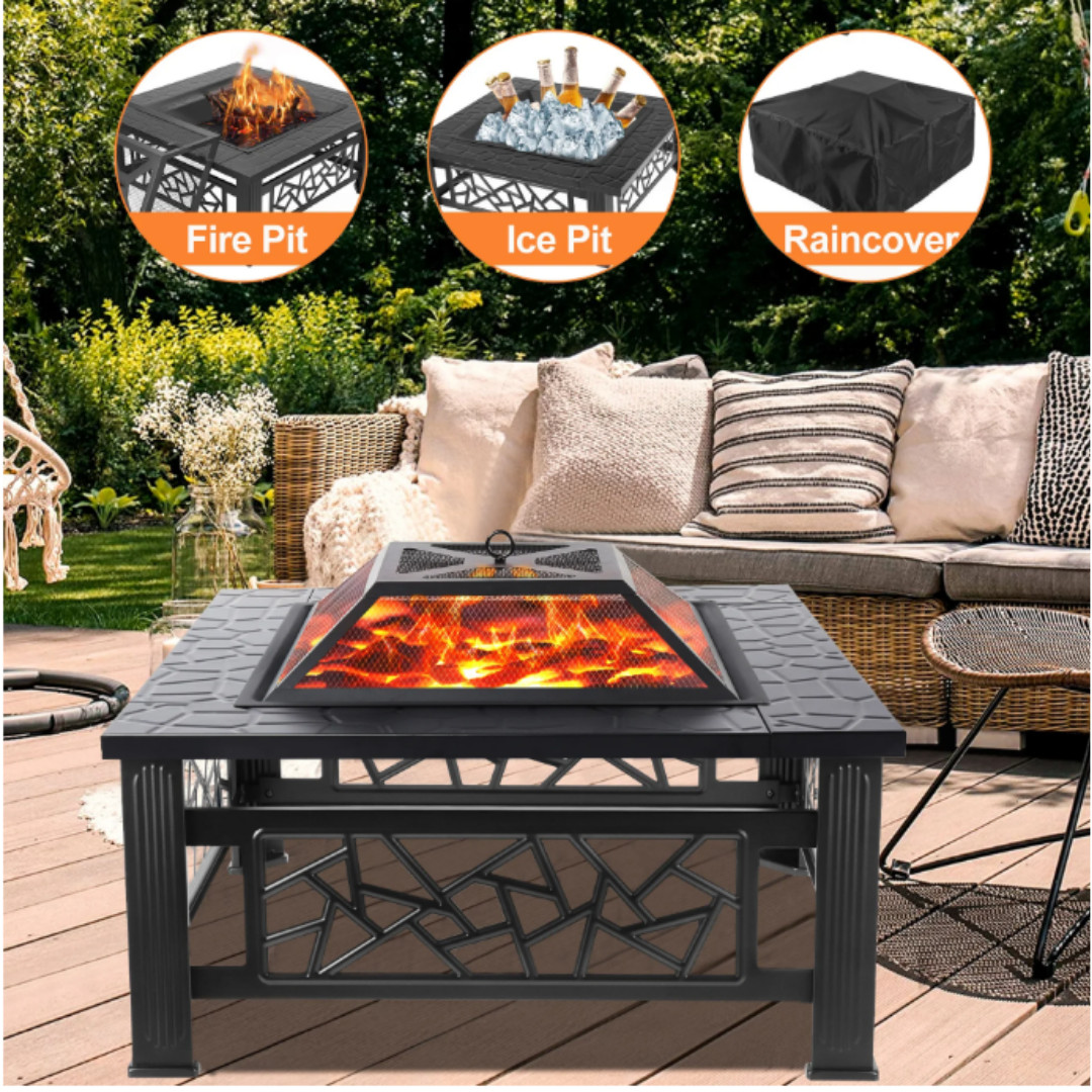 32" Outdoor Fire Pit Wood Burning Metal Fireplace w/Poker and Cover for Backyard