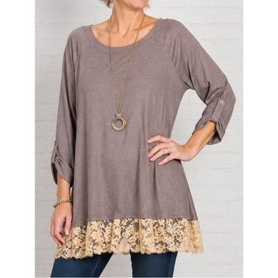 LOGO Lounge by Lori Goldstein Taupe Lace Hem Tunic Top 1X Boho