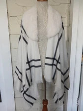 NWT Calvin Klein Cape Shawl Ivory Faux Fur Collar Poncho Open Front One Size