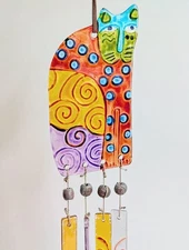 Handcrafted Colorful Whimsical Glass Cat Wind Chime Suncatcher 14.4"
