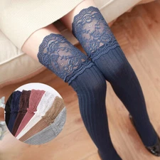 Women's Ladies Over-The-Knee Long Socks Lace Striped Thigh High Soft Stocking