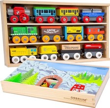 12 Wooden Train Cars Set with Storage Box Tunnel Compatible with Ages 3-7