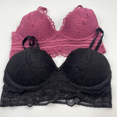 Two Victoria Secret Size S/P Black Redwood Lace Bralettes Pull Up Underwire