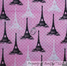 BonEful Fabric FQ Cotton Quilt Black Pink B W Eiffel Tower Paris French Country