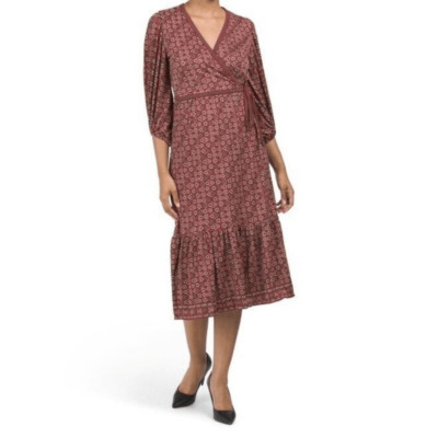 Max Studio Dress Womens Sz Medium Tiered Boho Midi Floral paisley Faux Wrap New