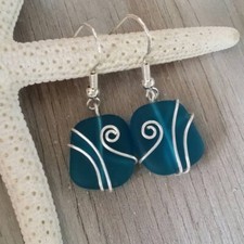 Hawaiian Jewelry Sea Glass Earrings, Wire Wrapped Teal Earrings, Beach Jewelry