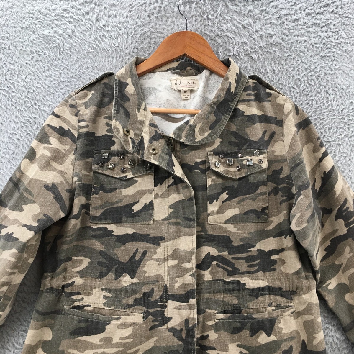 JJ Basics Zip Up Jacket Womens XL Green Cotton Camoflage Collared