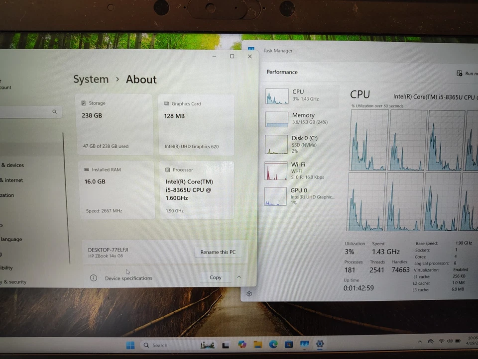 Portátil HP ZBook 14u G6 14" i5 8ª Gen 256GB SSD 16GB RAM, Max 32GB Win 11 Pro Foto 3 de 4