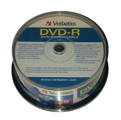 Verbatim DVD-R 4.7 GB 16x 120 Min Video Recordable 25 Pack Spindle #95058 NEW
