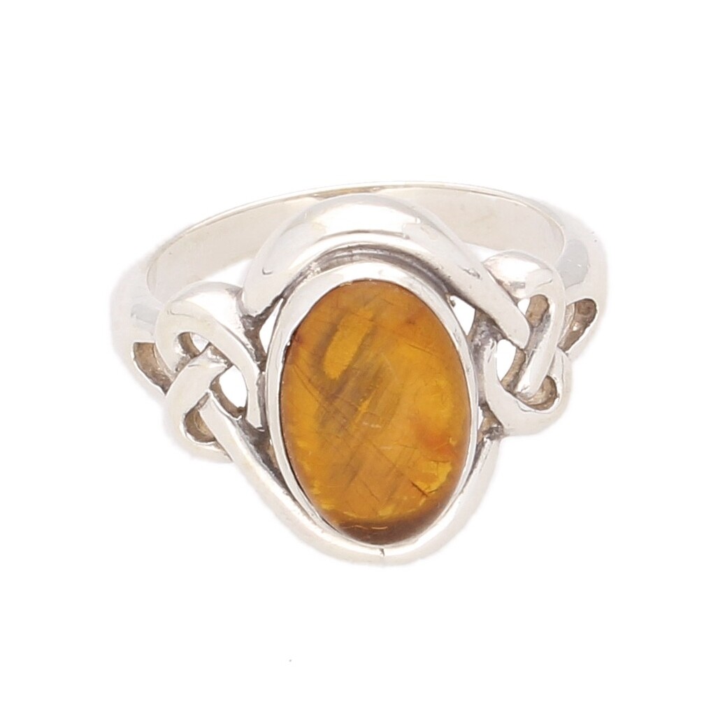 Sterling Silver Amber Solitaire Ring (Size P) 7x12mm Head