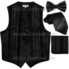 New Men's Tuxedo Vest Stripes Necktie, Bowtie  Hankie wedding formal prom Black
