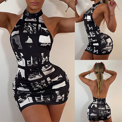 Sexy Women's Printed Open Back Slim Fit Wrap Hip Dress Cocktail Club Dress 