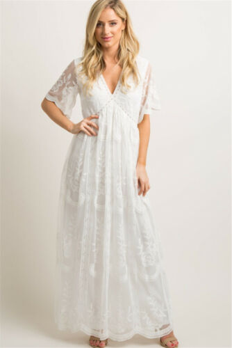 Women's Deep V Neck Short Sleeve Floral Lace Bridesmaid Maxi Dress Party Gown - Foto 1 di 27