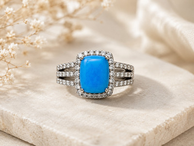 Blau Türkis Cabochon Ceruleite Halo Ring 925 Sterling Platin Overlay Größe 9