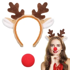 Lusofie Halloween & Christmas Deer Antlers Headband w/ Red Clown Nose Cosplay
