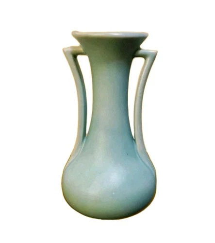 Nelson McCoy Pottery Turquoise Two Handle 9.25" Tall Art Deco Vase MCM USA Vtg