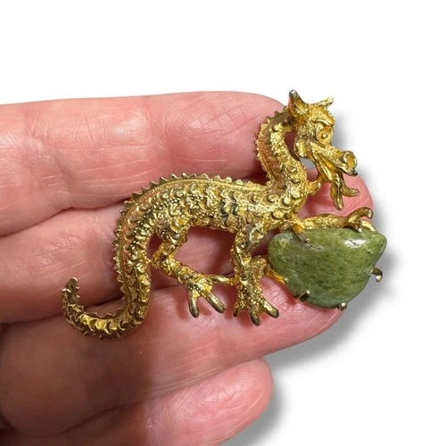 Vintage signed BSK Gold Tone DRAGON Brooch Jade Gemstone costume estate jewelry