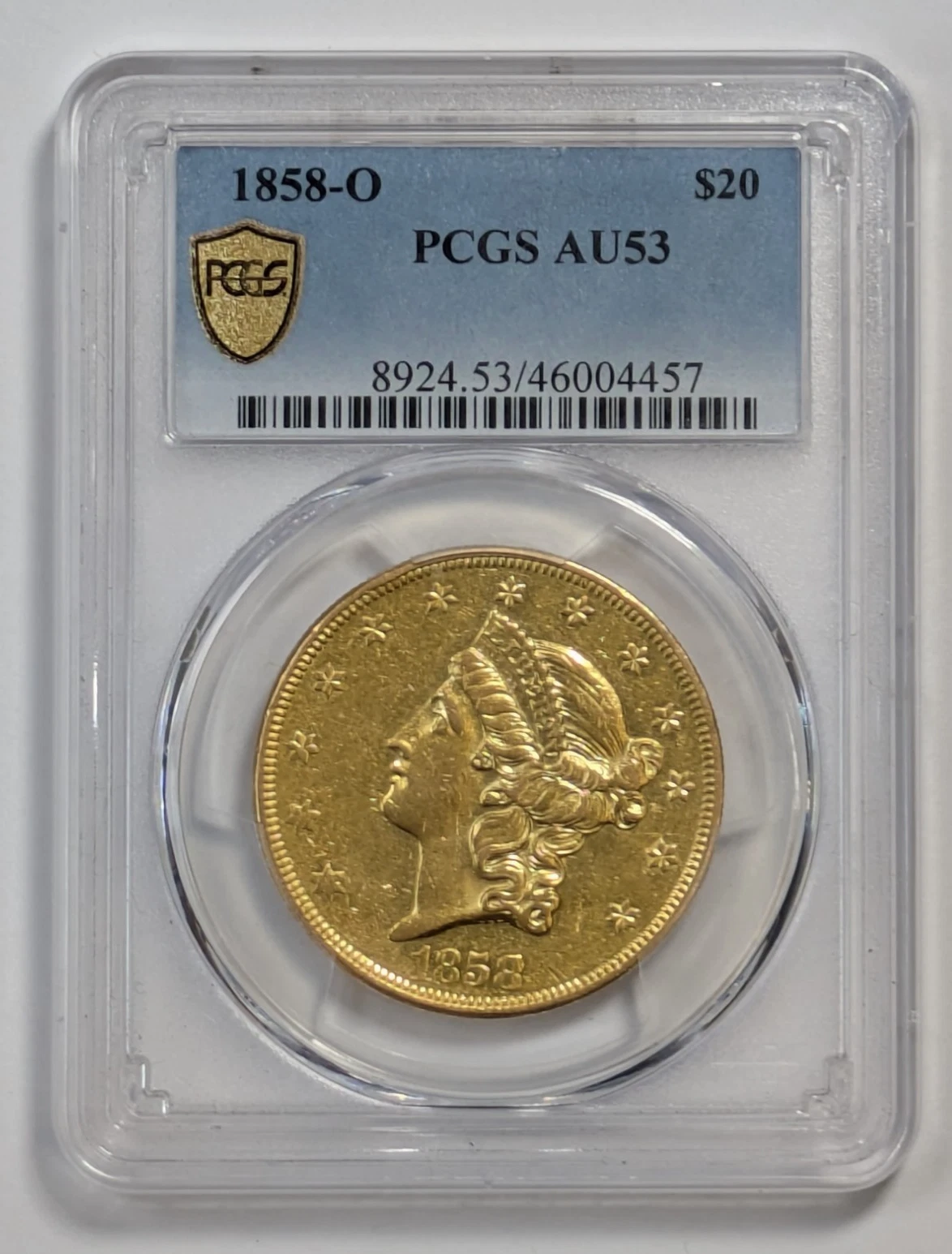 1858 O $20 Liberty Head Double Eagle PCGS AU 53