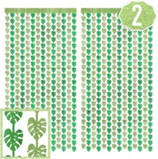 Xo Fetti Jungle Leaf Foil Curtain Set of 2 3x7 ft Safari Theme Party Decor Green