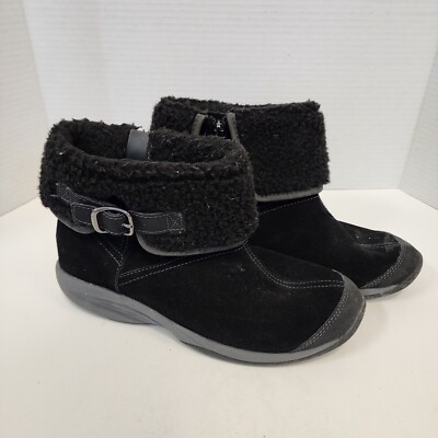 Easy Spirit Lockdown Booties Women 8.5 Black Suede Buckle Sherpa