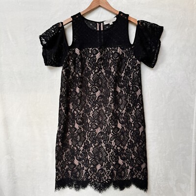 black lace dress with beige lining Loft tan size 4 cold shoulder sleeve Wash inside QTY:840 Black And White Sequin Size:8 (UK 10)
