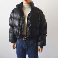 Winter Short Puffer Bubble Jacket for Women, Puffy Cropped Stand Collar PU Down