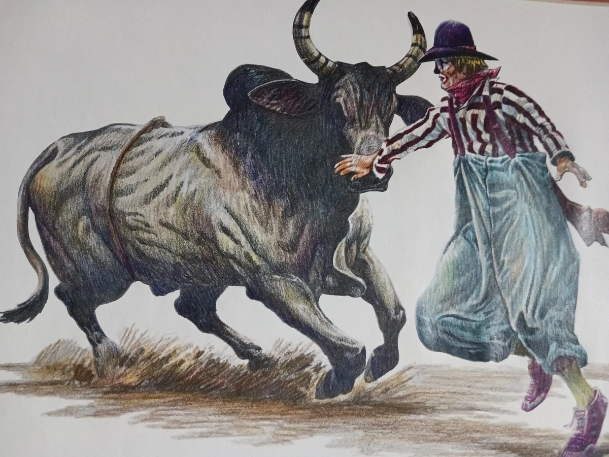 Jack J Wells Bull & Rodeo Clown Western Art Bull Riding 43/500 Signed | eBay