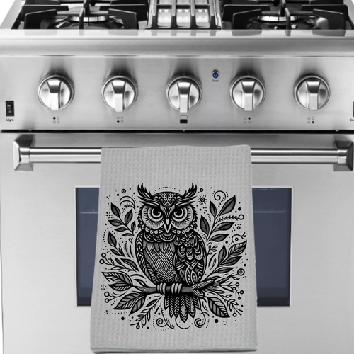 Owl Printed Kitchen Dish Towel 16x24 Gray Absorbent Waffle Weave Boho Home Decor