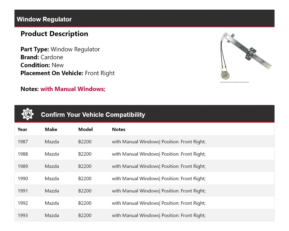 Regulador de ventana delantero derecho cardone 1988 1989 1990 para Mazda B2200 1987-1993 Foto 2 de 4
