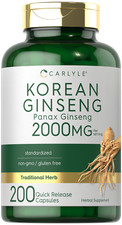 Korean Ginseng Capsules 2000mg  200 Count  Non-GMO, Gluten Free  by Carlyle