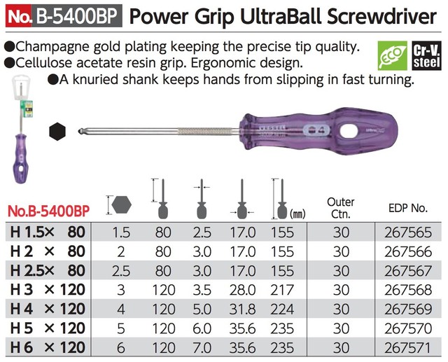 VESSEL Power Grip UltraBall Screwdriver H1.5 6 80120mm No.B5400BP
