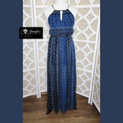 Hollister Women's Blue Chiffon Halter Open Back Criss Cross Maxi