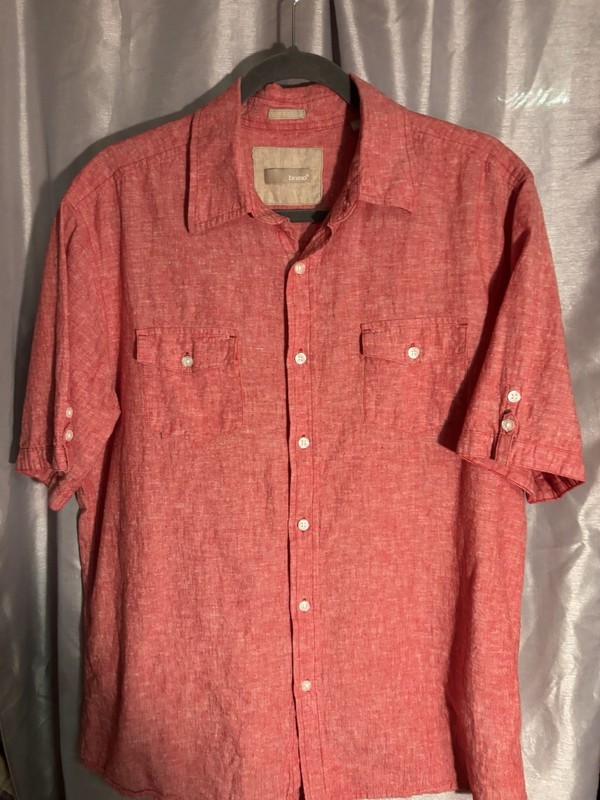 bruno Red Solid Short Sleeve Point Collar Button-Up Shirt L Pockets