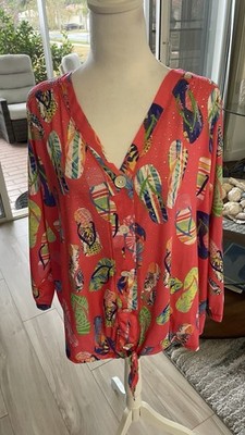 Onque Casual Woman s Plus 3X Flip Flop Rhinestone Faux Button Up V-Neck Tie Hem