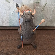 Vintage Jo Venia Native American Storyteller Water Buffalo Bison Sculpture Art