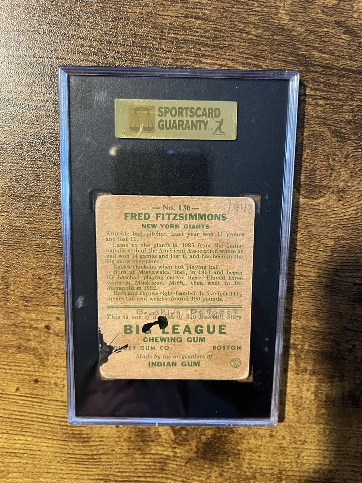 1933 Goudey Baseball Card #130 Fred Fitzsimmons SGC 1.5 Rookie NY Giants - Image 2 of 2