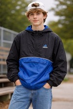 Vintage Adidas Windbreaker Youth XL 18 Black Blue 1/4 Zip Pullover Y2K